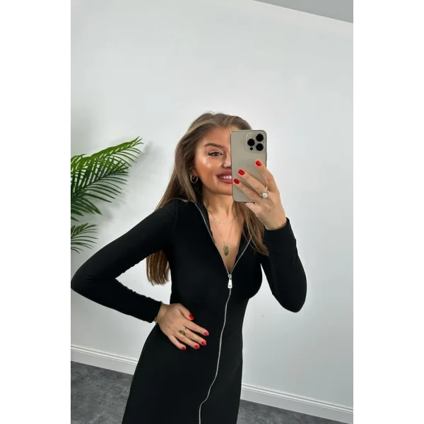 Kadın Uzun Kollu Full Fermuar Detay Ottoman Kumaş axi Boy Kalem Elbise