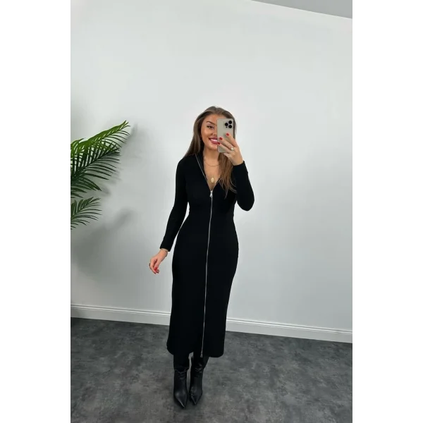 Kadın Uzun Kollu Full Fermuar Detay Ottoman Kumaş axi Boy Kalem Elbise