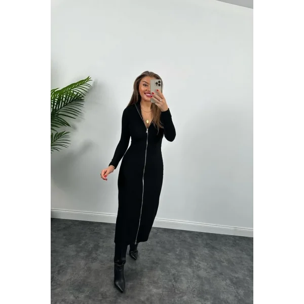 Kadın Uzun Kollu Full Fermuar Detay Ottoman Kumaş axi Boy Kalem Elbise