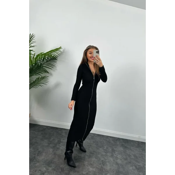 Kadın Uzun Kollu Full Fermuar Detay Ottoman Kumaş axi Boy Kalem Elbise