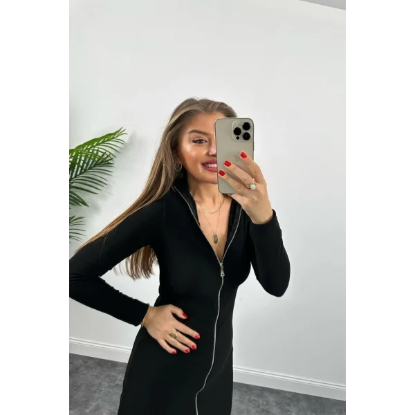 Kadın Uzun Kollu Full Fermuar Detay Ottoman Kumaş axi Boy Kalem Elbise