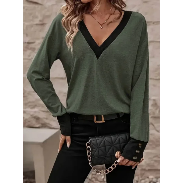 Kadın Uzun Kollu Geniş V Yakalı Düğme Detay Yün Viskon Bluz