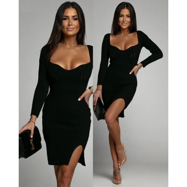 Kadın Uzun Kollu Geniş Yaka Yırtmaç Detay Mini Boy Triko Elbise