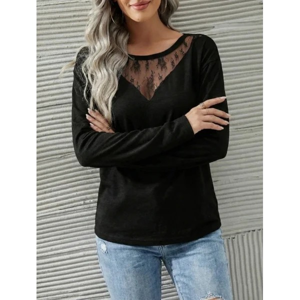 Kadın Uzun Kollu Geniş Yuvarlak Yaka Dantelli Viskon Iki Iplik Bluz