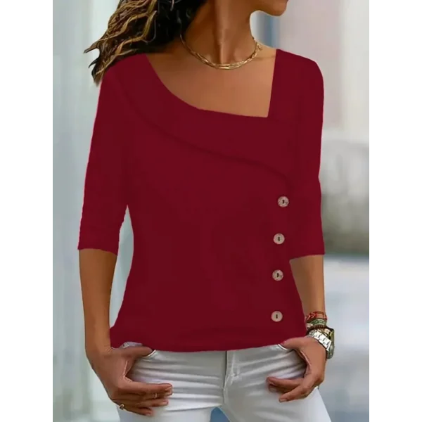 Kadın Uzun Kollu Geometrik Yaka Detay Yandan Düğmeli Mikro Bluz