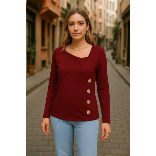 Kadın Uzun Kollu Geometrik Yaka Detay Yandan Düğmeli Viskon Iki Iplik Bluz