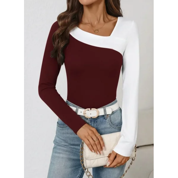 Kadın Uzun Kollu Geometrik Yaka Detaylı çift Renkli Viskon Bluz