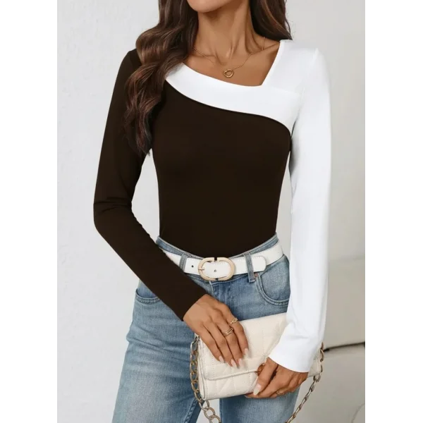 Kadın Uzun Kollu Geometrik Yaka Detaylı çift Renkli Viskon Bluz