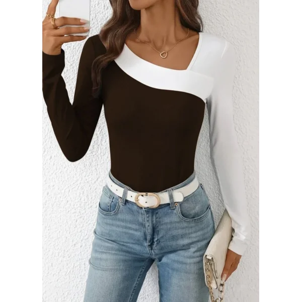 Kadın Uzun Kollu Geometrik Yaka Detaylı çift Renkli Viskon Bluz