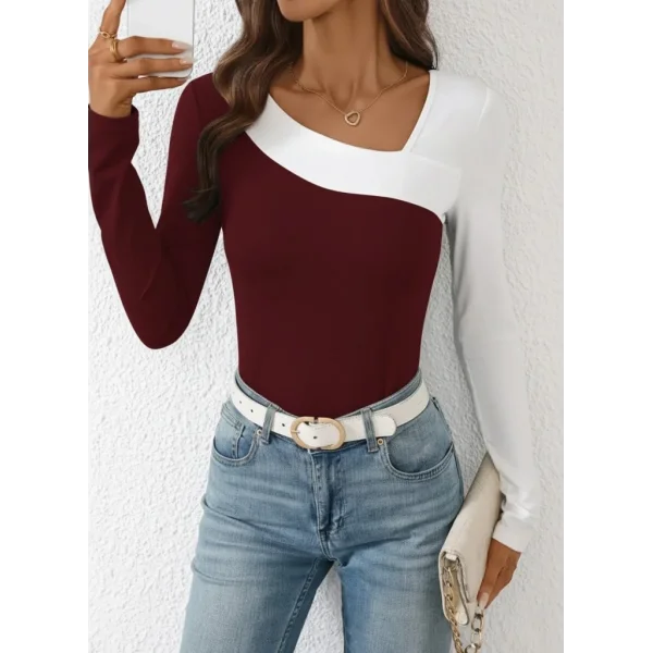 Kadın Uzun Kollu Geometrik Yaka Detaylı çift Renkli Viskon Bluz