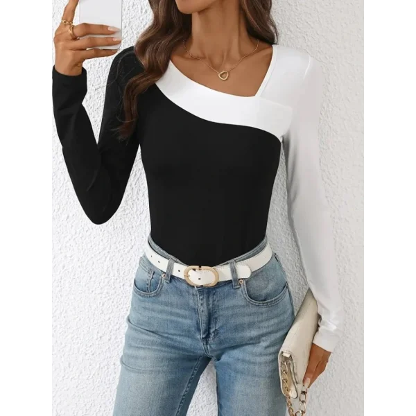 Kadın Uzun Kollu Geometrik Yaka Detaylı çift Renkli Viskon Bluz