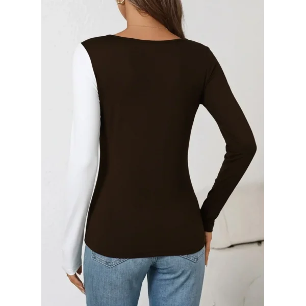 Kadın Uzun Kollu Geometrik Yaka Detaylı çift Renkli Viskon Bluz