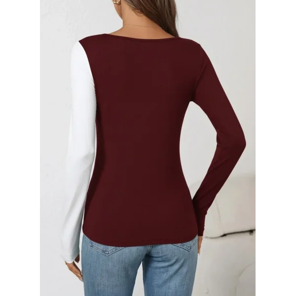 Kadın Uzun Kollu Geometrik Yaka Detaylı çift Renkli Viskon Bluz