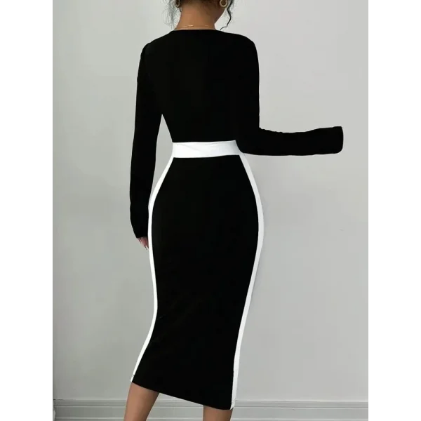 Kadın Uzun Kollu Geometrik Yaka Midi Ithal Krep Elbise