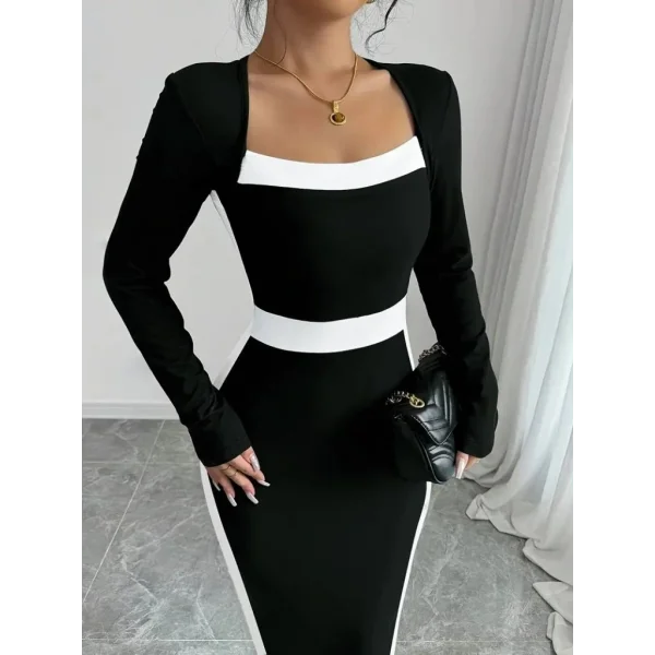 Kadın Uzun Kollu Geometrik Yaka Midi Ithal Krep Elbise