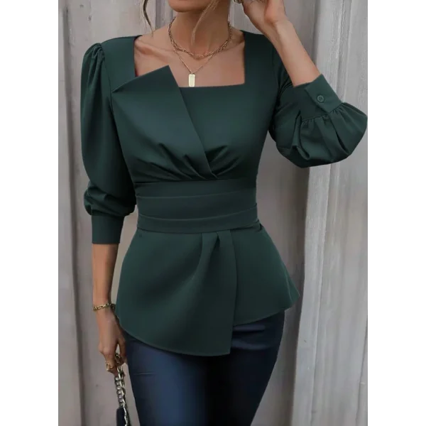 Kadın Uzun Kollu Geometrik Yakalı Belden Oturmalı Ithal Krep Bluz