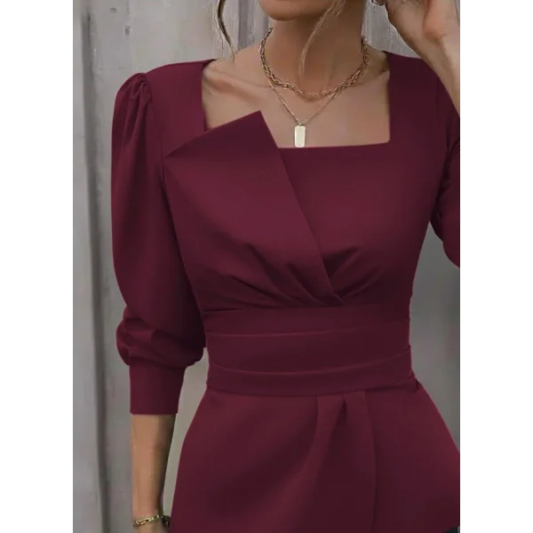 Kadın Uzun Kollu Geometrik Yakalı Belden Oturmalı Ithal Krep Bluz