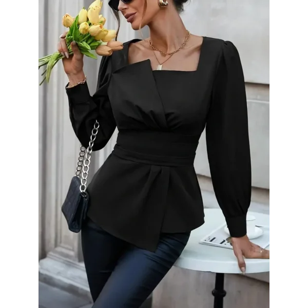 Kadın Uzun Kollu Geometrik Yakalı Belden Oturmalı Ithal Krep Bluz