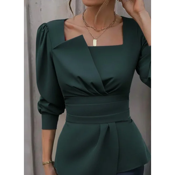 Kadın Uzun Kollu Geometrik Yakalı Belden Oturmalı Ithal Krep Bluz