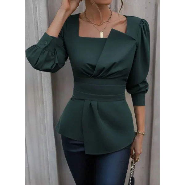 Kadın Uzun Kollu Geometrik Yakalı Belden Oturmalı Ithal Krep Bluz