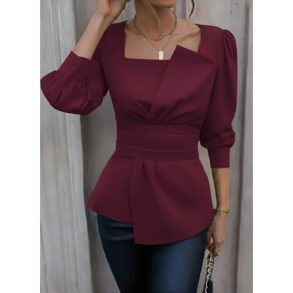 Kadın Uzun Kollu Geometrik Yakalı Belden Oturmalı Ithal Krep Bluz