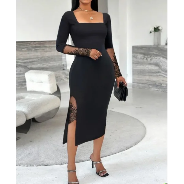 Kadın Uzun Kollu Geometrik Yakalı Dantel Detaylı Midi Ithal Krep Elbise