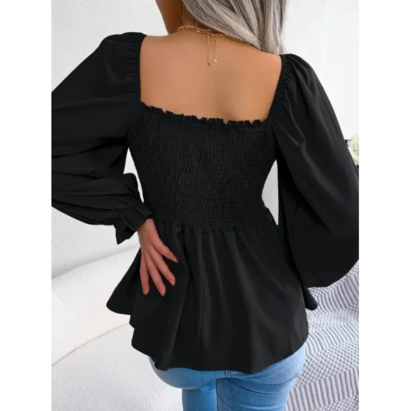 Kadın Uzun Kollu Geometrik Yakalı Gipe Detaylı Krep Bluz