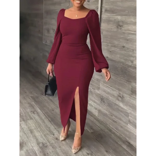 Kadın Uzun Kollu Geometrik Yakalı Yandan Yırtmaçlı Uzun Janjan Krep Elbise