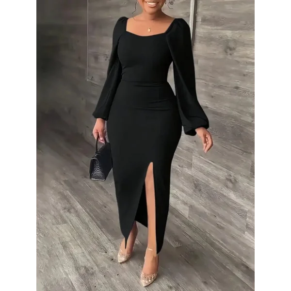 Kadın Uzun Kollu Geometrik Yakalı Yandan Yırtmaçlı Uzun Janjan Krep Elbise