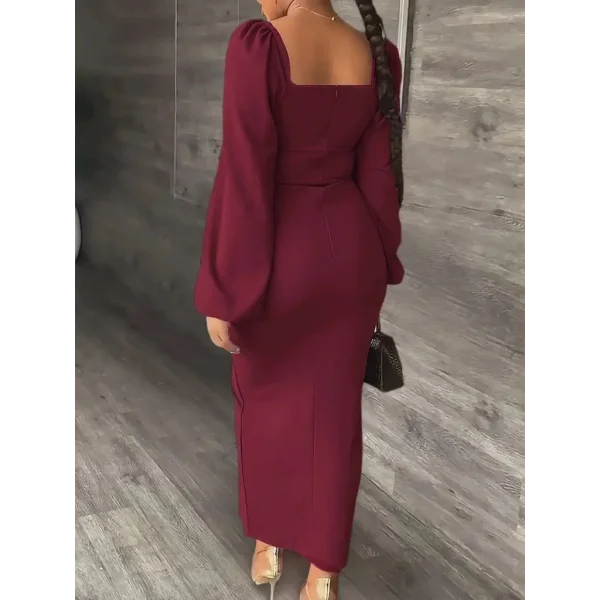 Kadın Uzun Kollu Geometrik Yakalı Yandan Yırtmaçlı Uzun Janjan Krep Elbise