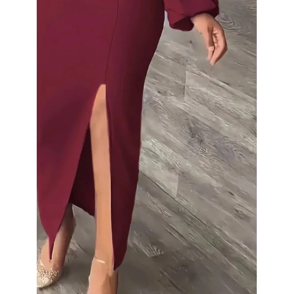 Kadın Uzun Kollu Geometrik Yakalı Yandan Yırtmaçlı Uzun Janjan Krep Elbise