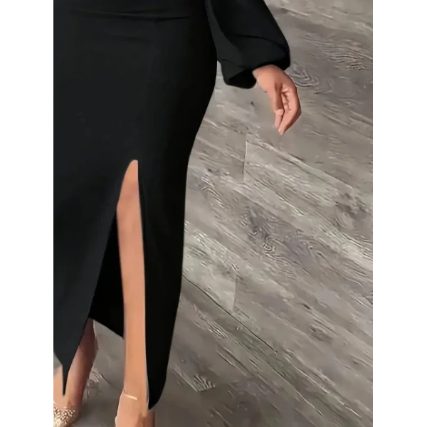 Kadın Uzun Kollu Geometrik Yakalı Yandan Yırtmaçlı Uzun Janjan Krep Elbise