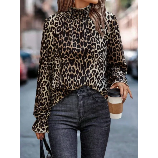 Kadın Uzun Kollu Gipe Detaylı Balıkçı Yaka Leopar Desenli Süprem Bluz