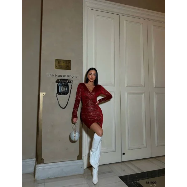 Kadın Uzun Kollu Göğüs Dekolteli imli Krep Kumaş ini Elbise