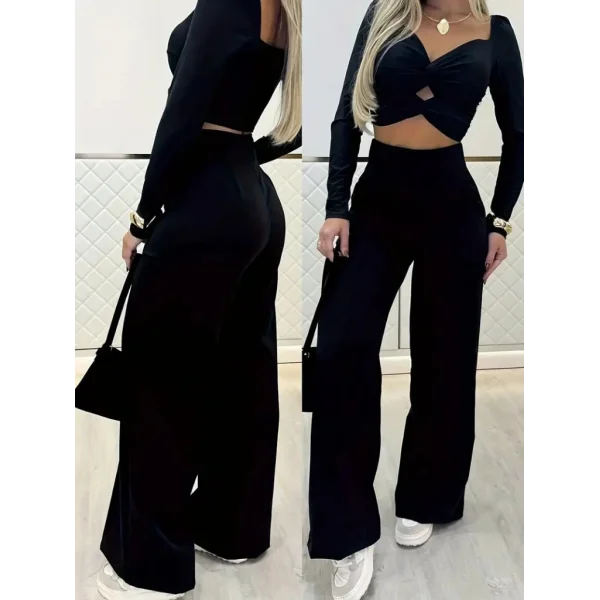 Kadın Uzun Kollu Göğüs Dekolteli Ithal Krep Bluz Ve Pantolon Ikili Takım