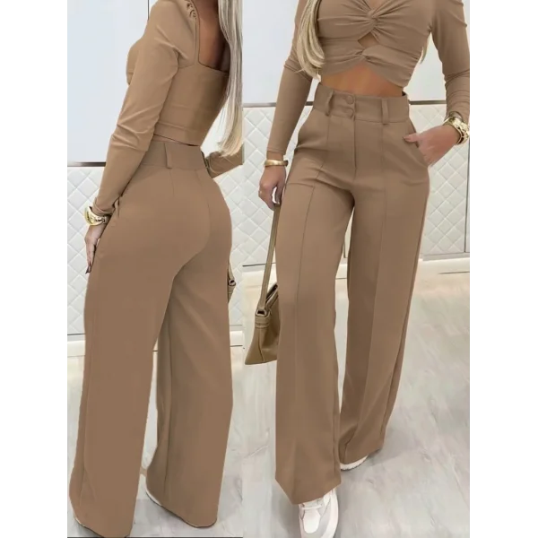 Kadın Uzun Kollu Göğüs Dekolteli Ithal Krep Bluz Ve Pantolon Ikili Takım