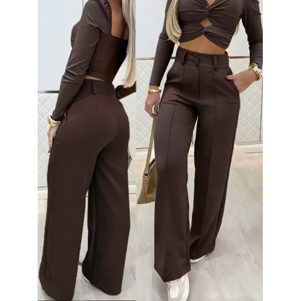 Kadın Uzun Kollu Göğüs Dekolteli Ithal Krep Bluz Ve Pantolon Ikili Takım