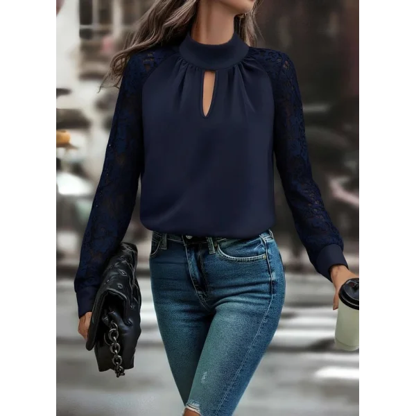 Kadın Uzun Kollu Göğüs Pencere Detay Yaka Boğazlı Kolları Tüllü Sandy Bluz