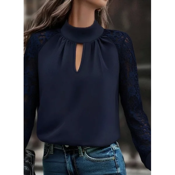 Kadın Uzun Kollu Göğüs Pencere Detay Yaka Boğazlı Kolları Tüllü Sandy Bluz