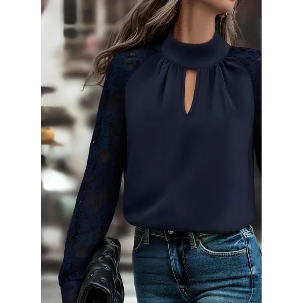 Kadın Uzun Kollu Göğüs Pencere Detay Yaka Boğazlı Kolları Tüllü Sandy Bluz