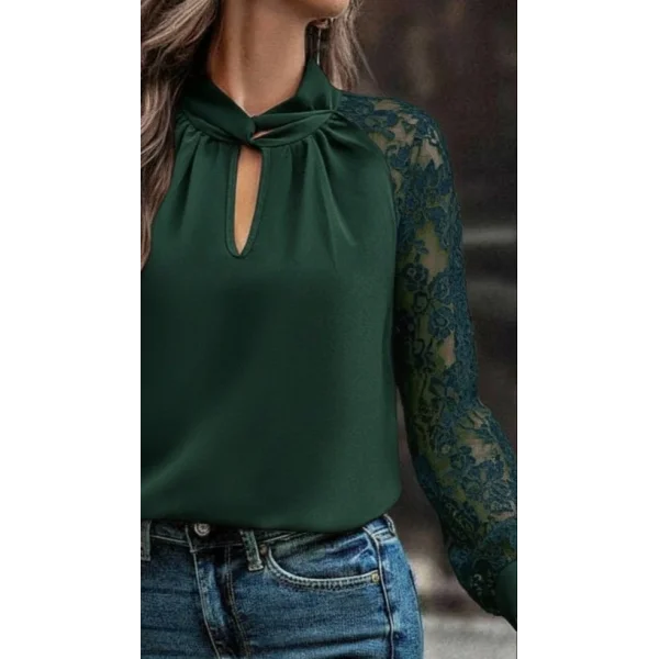 Kadın Uzun Kollu Göğüs Pencere Detay Yaka Boğazlı Kolları Tüllü Sandy Bluz