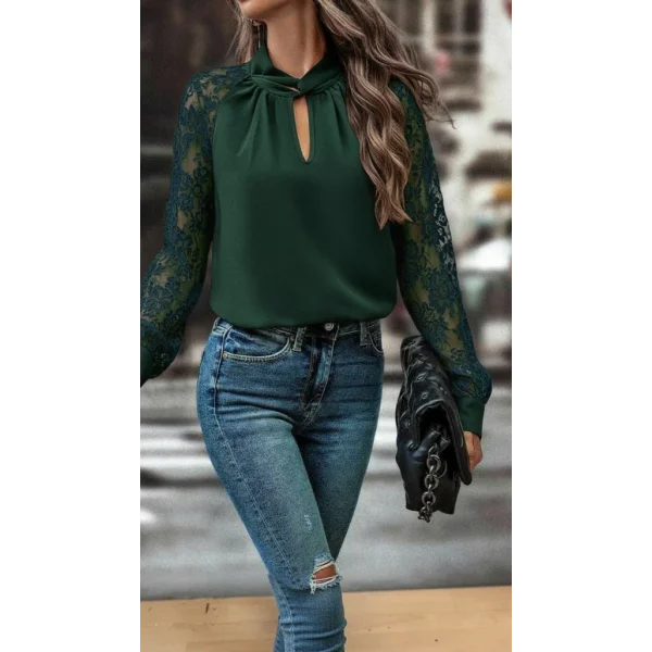 Kadın Uzun Kollu Göğüs Pencere Detay Yaka Boğazlı Kolları Tüllü Sandy Bluz