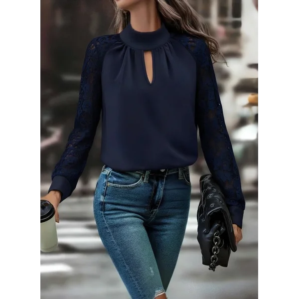 Kadın Uzun Kollu Göğüs Pencere Detay Yaka Boğazlı Kolları Tüllü Sandy Bluz