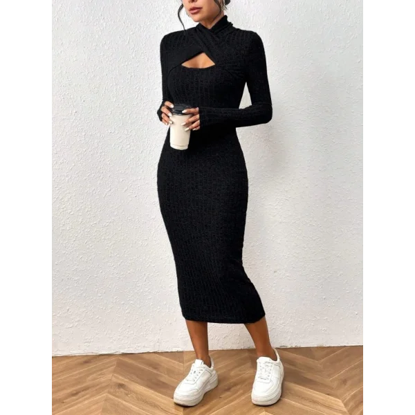 Kadın Uzun Kollu Göğüs Pencere Detaylı çapraz Yaka Detaylı şardonlu Kaşkorse Midi Elbise