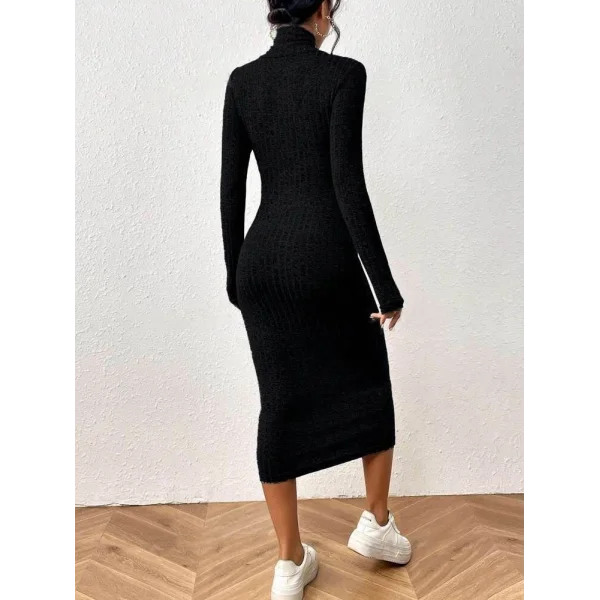 Kadın Uzun Kollu Göğüs Pencere Detaylı çapraz Yaka Detaylı şardonlu Kaşkorse Midi Elbise