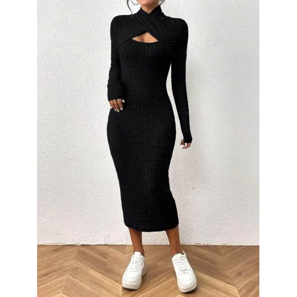 Kadın Uzun Kollu Göğüs Pencere Detaylı çapraz Yaka Detaylı şardonlu Kaşkorse Midi Elbise