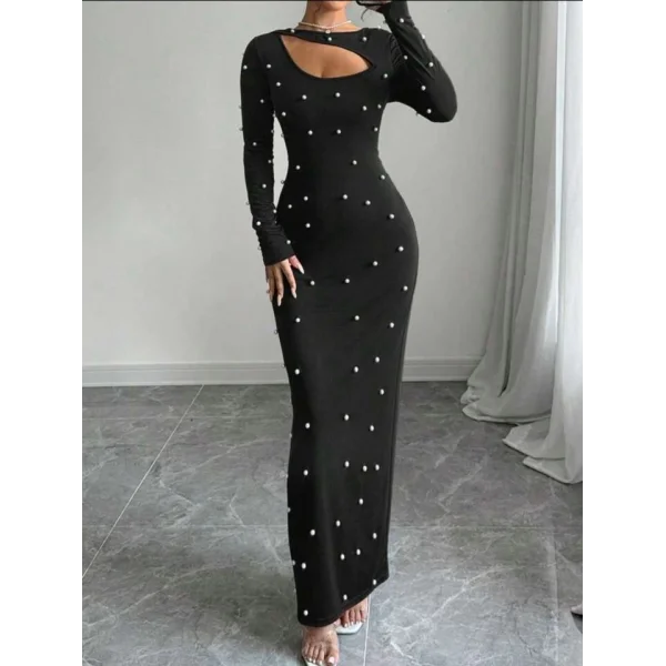 Kadın Uzun Kollu Göğüs Pencere Inci Detay axi Boy Elbise