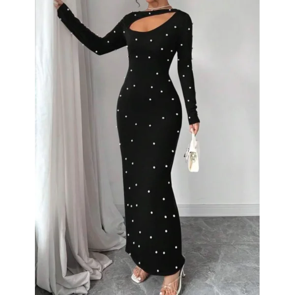 Kadın Uzun Kollu Göğüs Pencere Inci Detay axi Boy Elbise