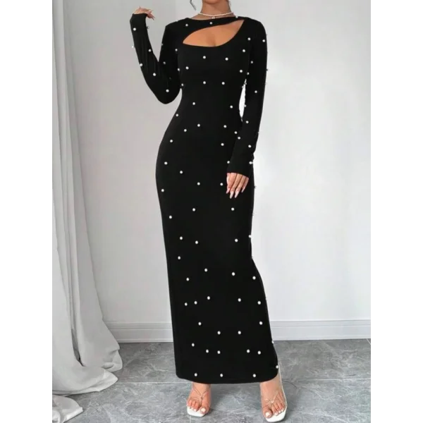 Kadın Uzun Kollu Göğüs Pencere Inci Detay axi Boy Elbise