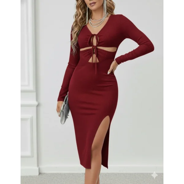 Kadın Uzun Kollu Göğüs Ve Göbek Dekolte Detay Sandy Midi Boy Elbise